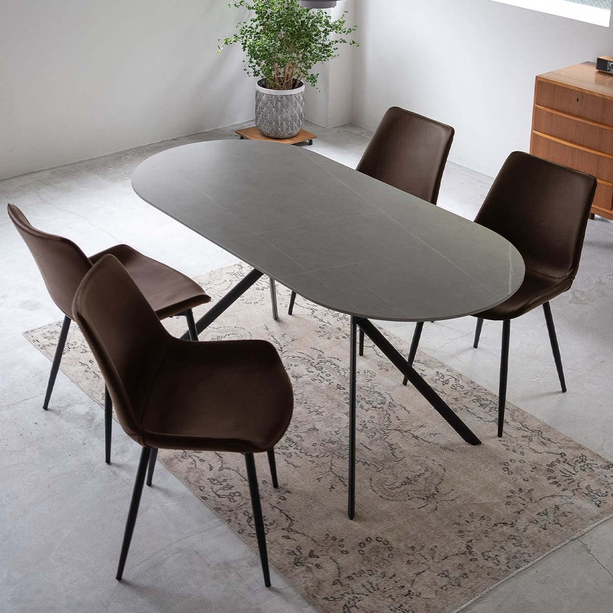 ダイニング5点セット ダイニングセット 幅160cm 楕円形 4人掛け セラミックテーブル レザー調チェア 食卓用 石目調 合成皮革 リビング ダイニング