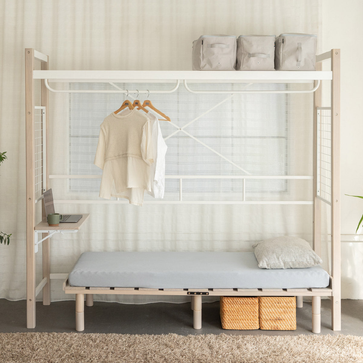組み合わせて使う 省スペース システムベッド 3点セット (ハンガーシェルフ・デイベッド・コンパクトマットレス) 折りたたみデスク付き 棚付き ベッド上収納 壁面収納