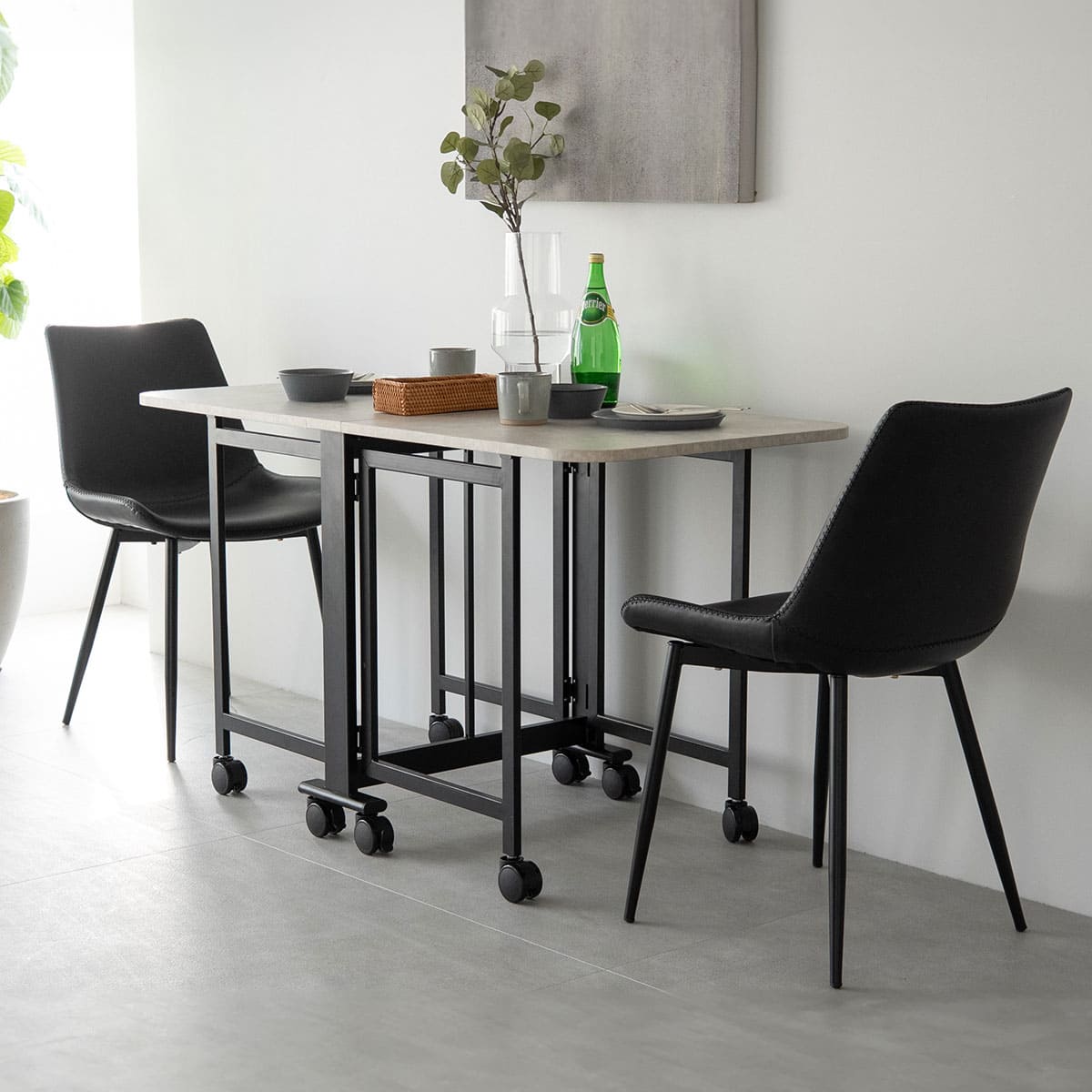 ダイニング3点セット ダイニングセット 幅130cm 長方形 完成品 キャスター付き 2人掛け 折りたたみテーブル レザー調チェア 食卓用 石目調 合成皮革 リビング ダイニング