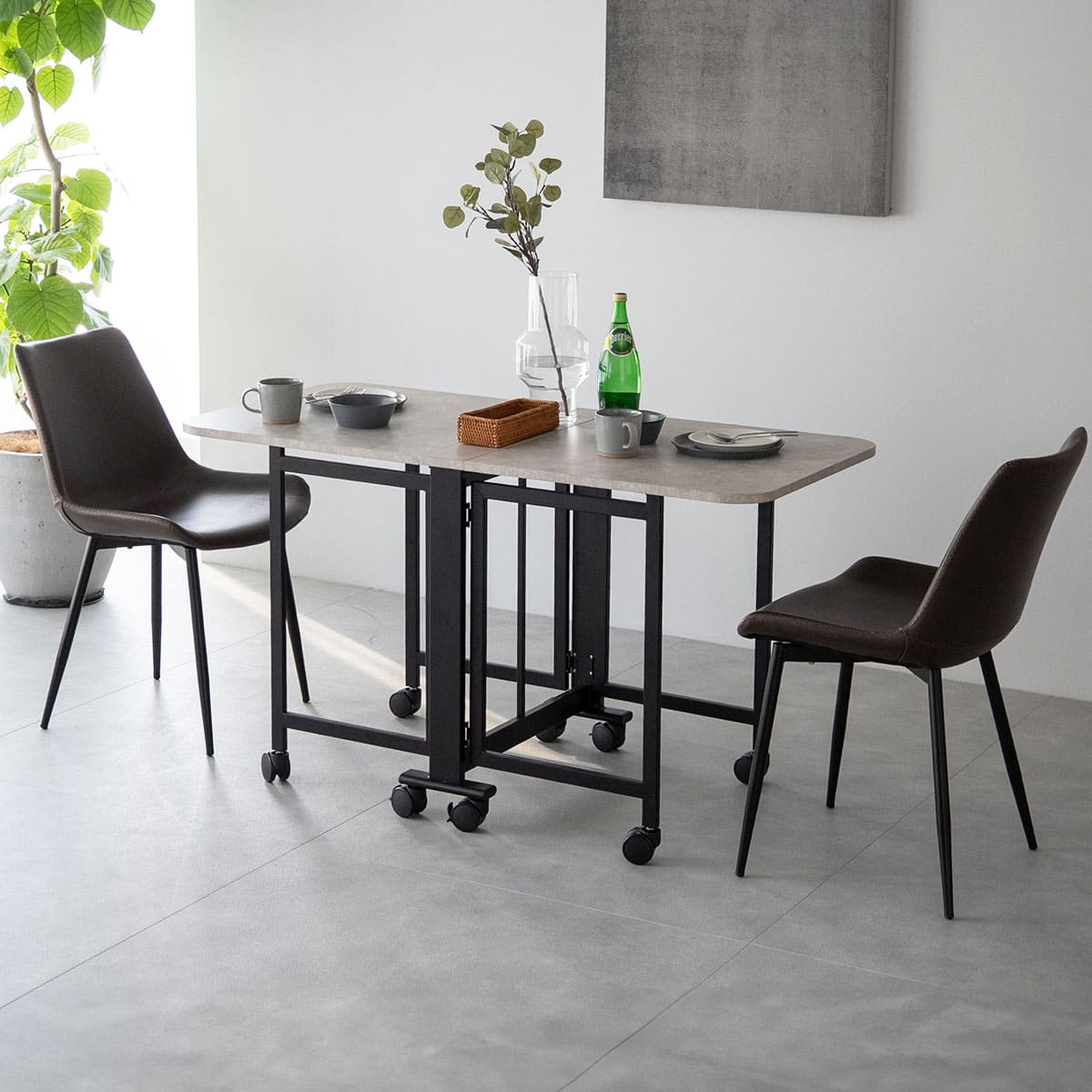 ダイニング3点セット ダイニングセット 幅130cm 長方形 完成品 キャスター付き 2人掛け 折りたたみテーブル レザー調チェア 食卓用 石目調 合成皮革 リビング ダイニング