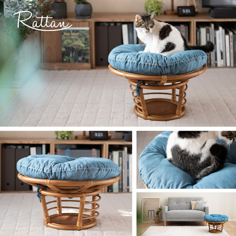キャットベッド 猫 デニム風 クッション付き 空洞スペース付き ラタン 籐 天然素材 軽量 猫用ベッド ペットベッド 猫用 ペット用 隠れ家 寝床 あごのせ お昼寝 ペット用品