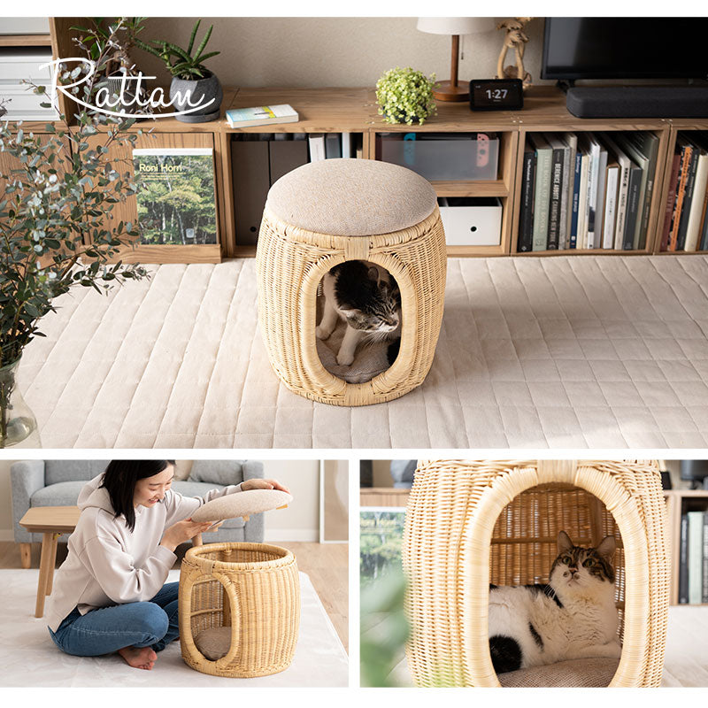 キャットベッド スツール 猫 クッション付き ラタン 籐 天然素材 軽量 猫用ベッド ペットベッド 猫用 ペット用 隠れ家 寝床 椅子 スツール 腰掛け ペット用品