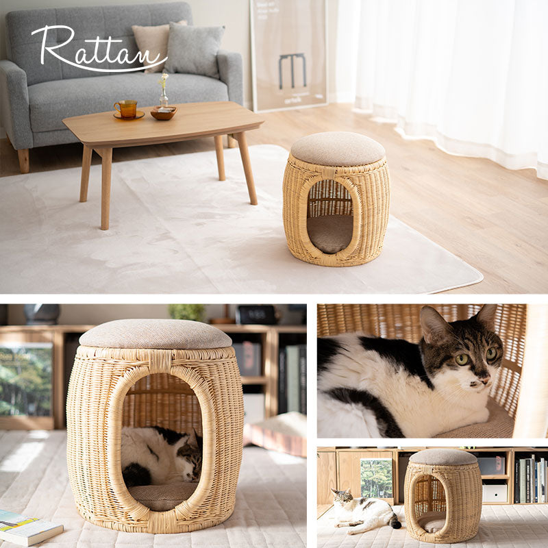 キャットベッド スツール 猫 クッション付き ラタン 籐 天然素材 軽量 猫用ベッド ペットベッド 猫用 ペット用 隠れ家 寝床 椅子 スツール 腰掛け ペット用品