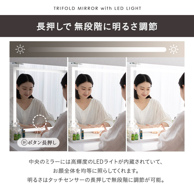 【新品】LED女優ライト　ドレッサー＆スツール　三面鏡　明るさ無段階調節 LEDライト付き ドレッサーセット デスク＆スツール 三面鏡 鏡台