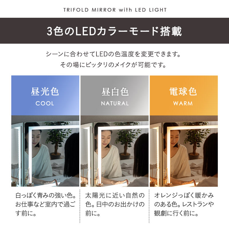 LEDライト付き ドレッサー 2点セット 幅80cm 鏡台 シンプルデスク パソコンデスク 三面鏡 台座付き 閉じても使える 女優ミラー スタンド 大型 タッチパネル