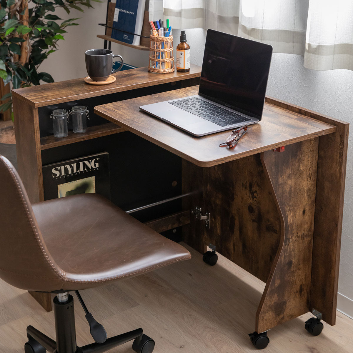 【組立済】エムール  しまうデスク／折りたたみデスク しまうデスク キャスター付き 木製 折りたたみ デスク テーブル