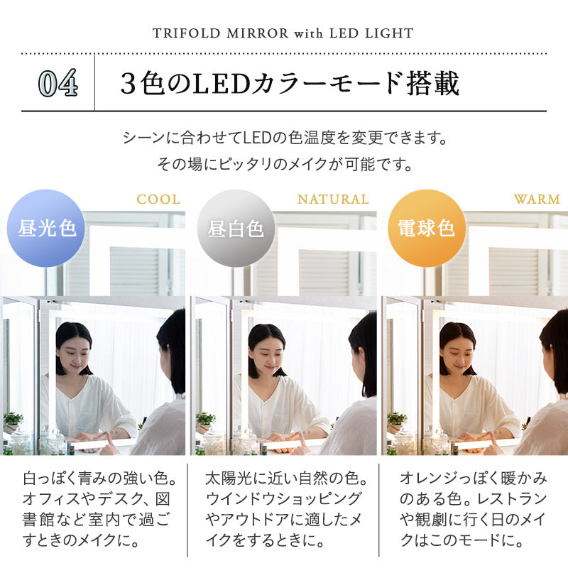LEDライト付き ドレッサー 3点セット 幅70cm 鏡台 ドレッサーテーブル パソコンデスク スツール 三面鏡 台座付き 閉じても使える 女優ミラー スタンド 大型 タッチパネル 椅子付き