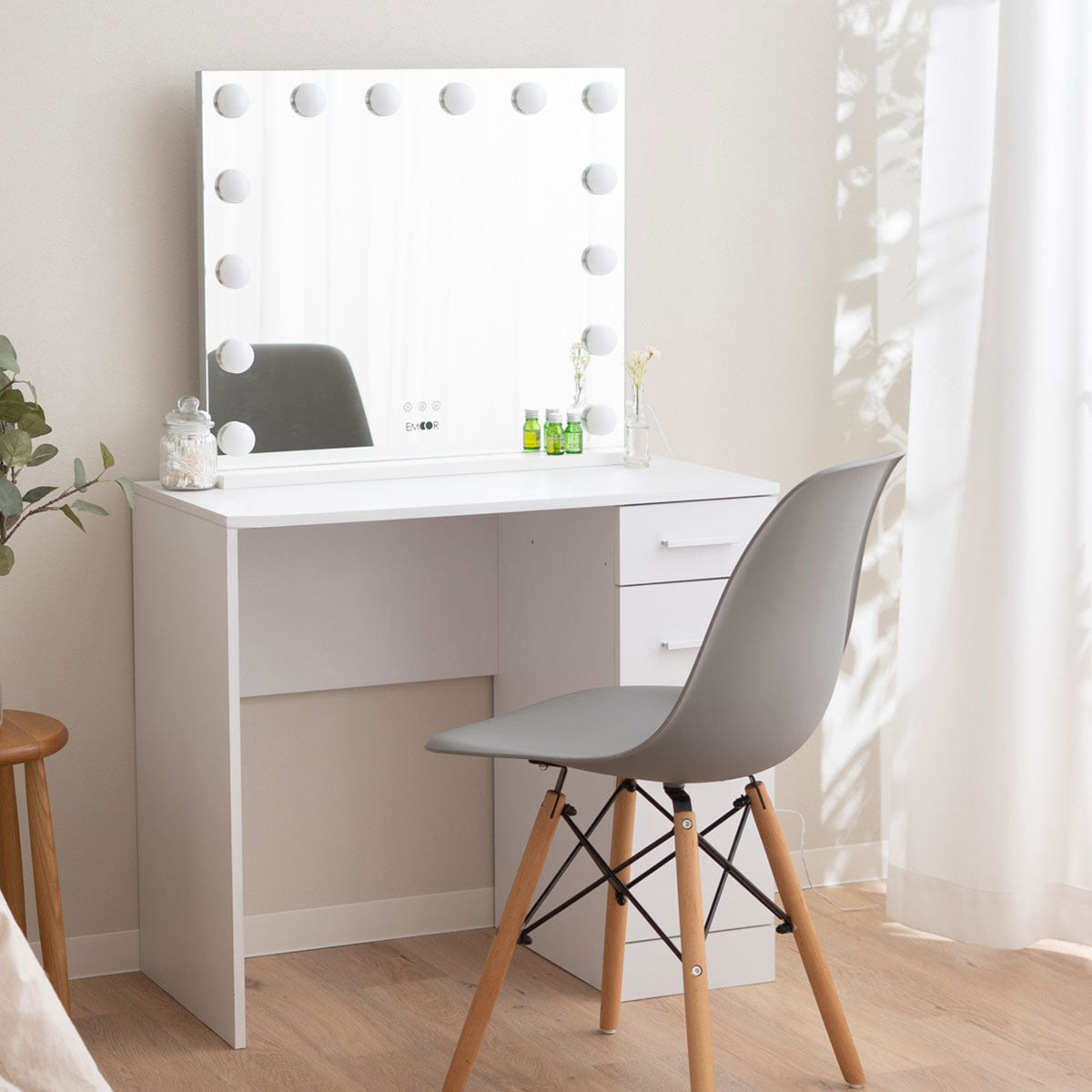 LEDライト付き ドレッサー2点セット 鏡台 デスク 女優ミラー 幅