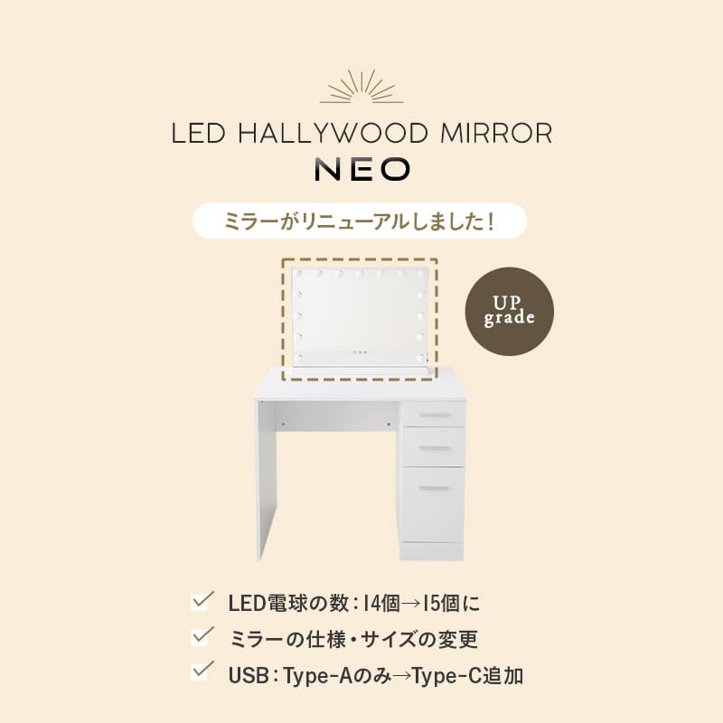 LEDライト付き ドレッサー 2点セット 幅80cm 鏡台 シンプルデスク パソコンデスク デスク 机 ハリウッドミラー 女優ミラー タッチパネル USBポート付き