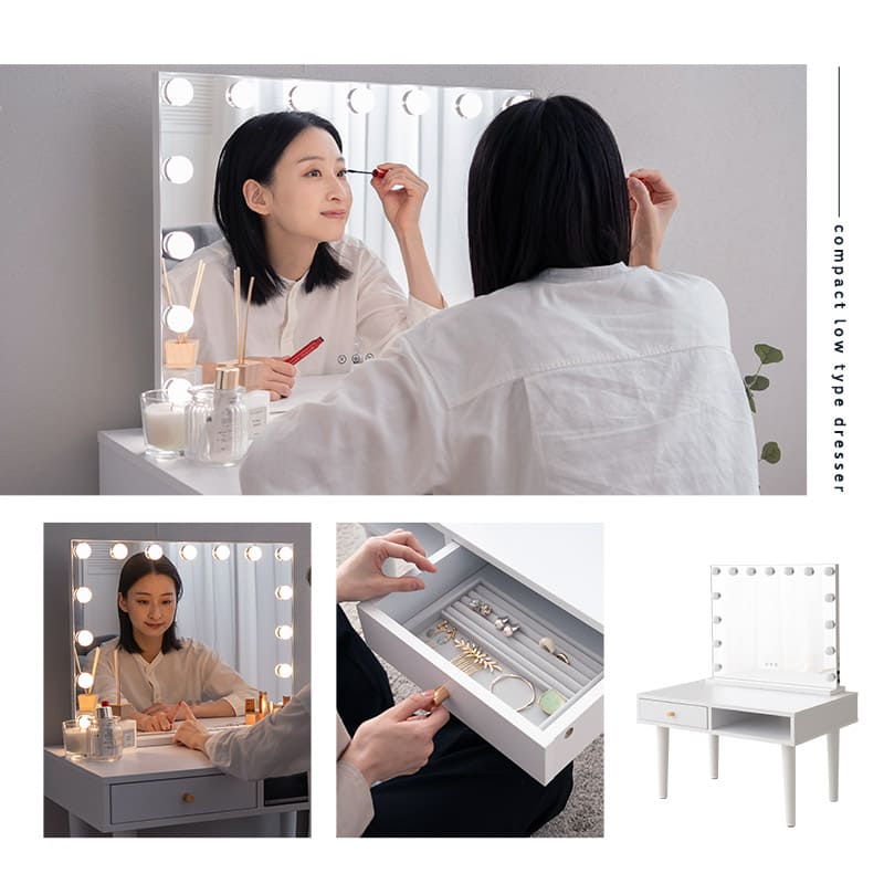 LEDライト付き ドレッサー 2点セット 幅70cm ロータイプ 鏡台 ドレッサーテーブル パソコンデスク 机 ハリウッドミラー 女優ミラー タッチパネル USBポート付き