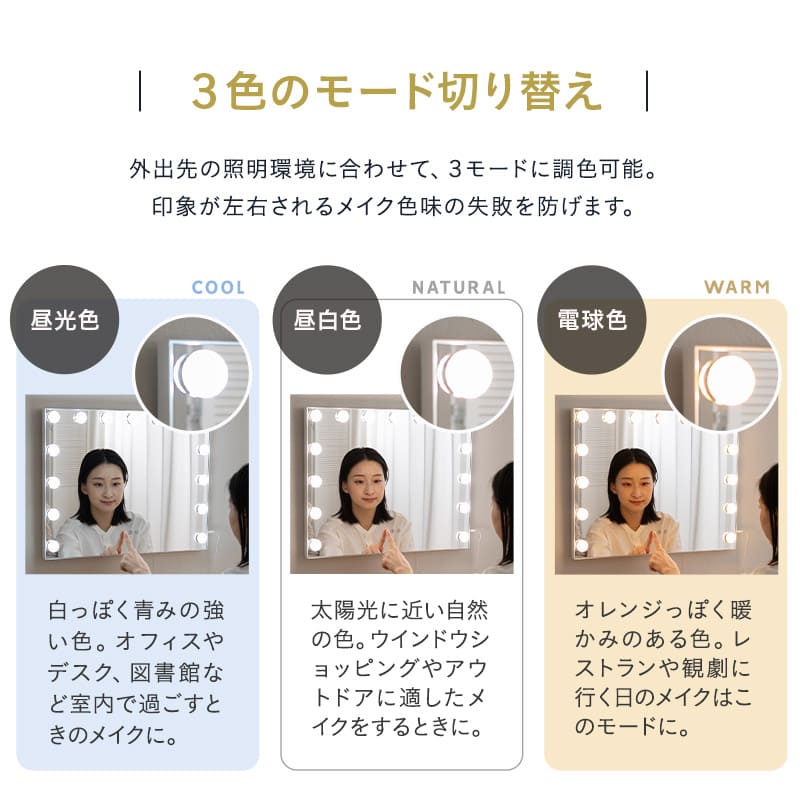 LEDライト付き ドレッサー2点セット ローデスク 女優ミラー 幅70cm