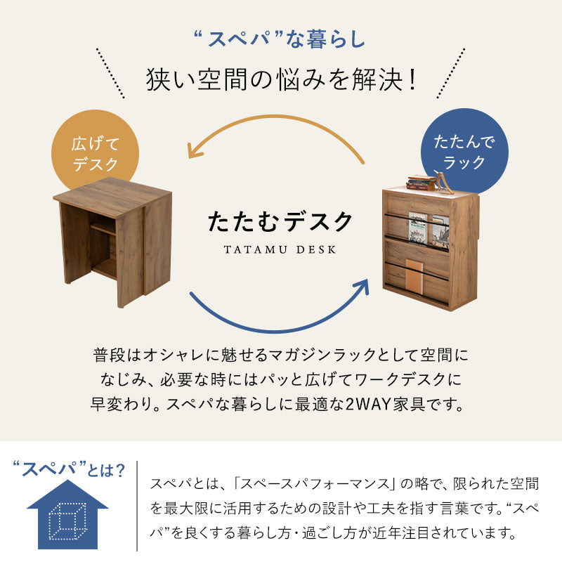 たたむデスク ワゴンタイプ 幅60cm コンパクト 折りたたみデスク PCデスク パソコンデスク マガジンラック 本棚 キッズデスク 学習デスク 学習机 勉強机 キッチンスペース 作業台 作業スペース