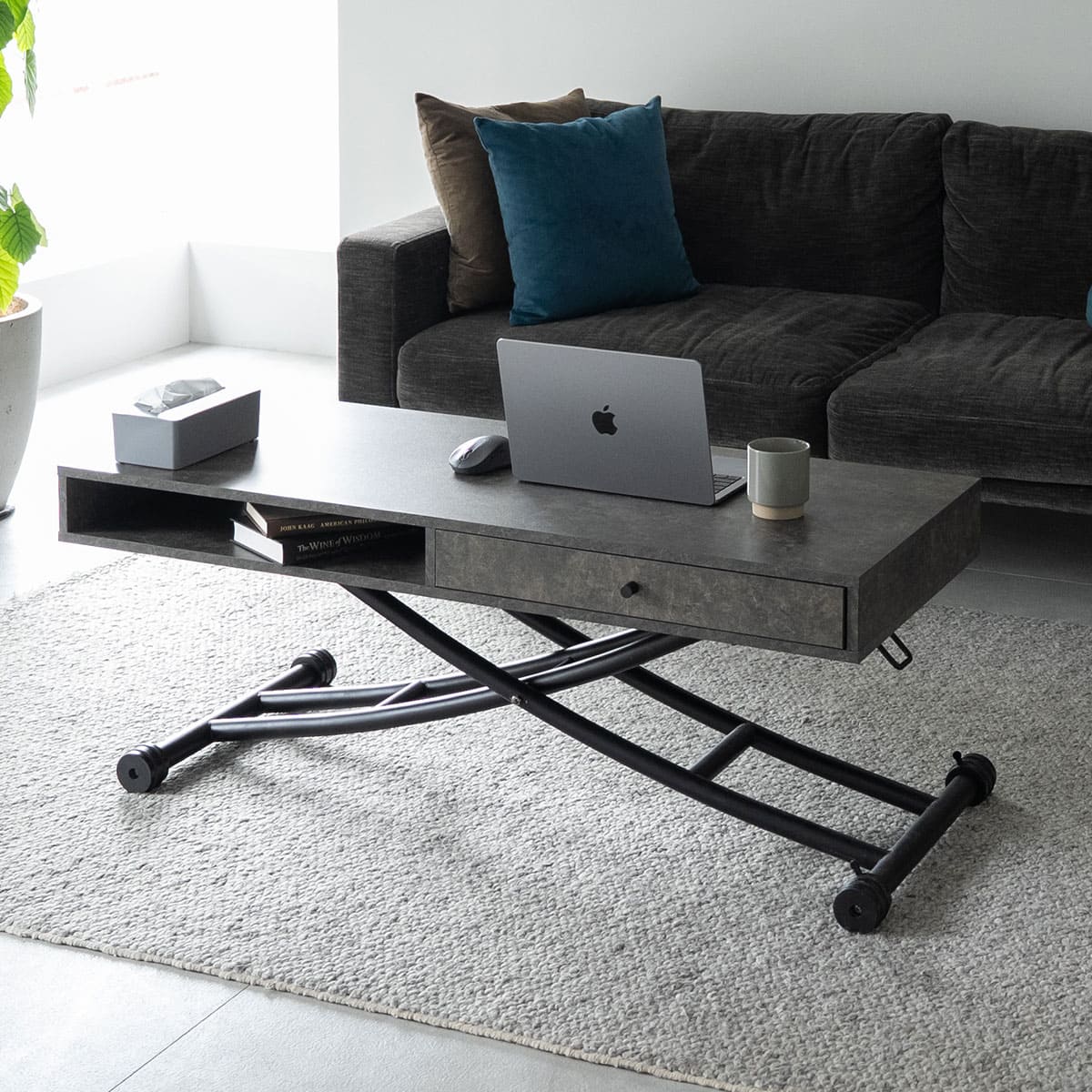 アルティラ Altira 収納付き 昇降テーブル 120×50 ストーングレー テーブル リビングテーブル ダイニングテーブル 高さ調整 モダン 幅120