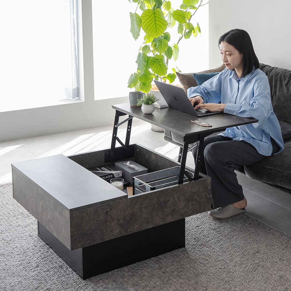 リフトアップテーブル 幅80cm 正方形 昇降式 高さ調節可能 収納付き リフトテーブル ローテーブル センターテーブル 昇降式デスク パソコンデスク ワークデスク 机 作業台 セラミック調 食事 仕事 リビング ダイニング