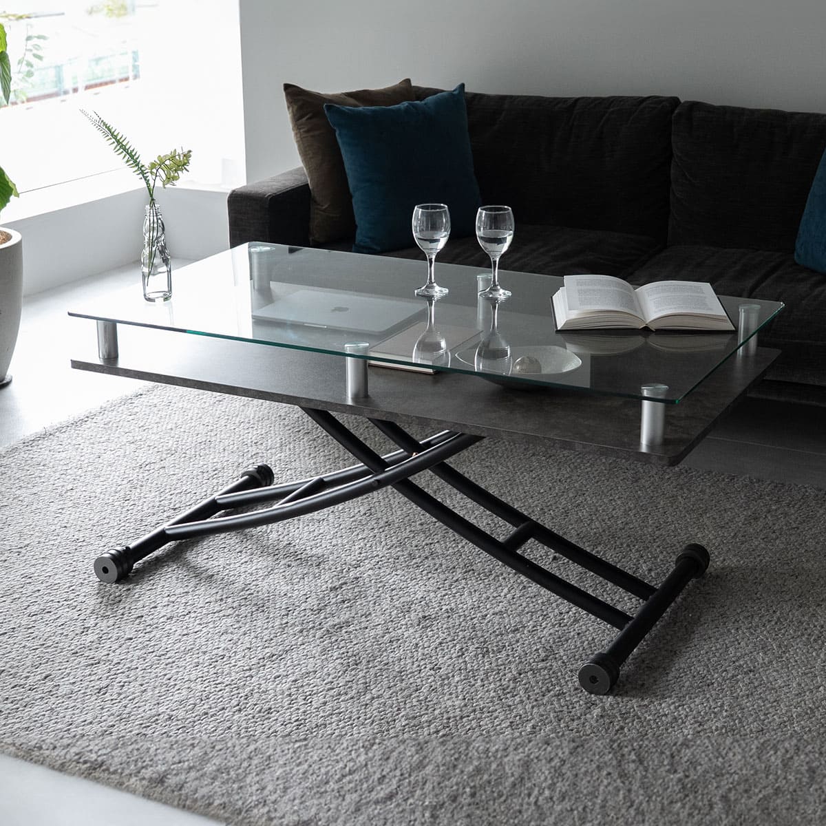 グラート Grato ガラストップ昇降テーブル 120×60 ストーングレー テーブル リビングテーブル ダイニングテーブル 高さ調整 モダン 幅120