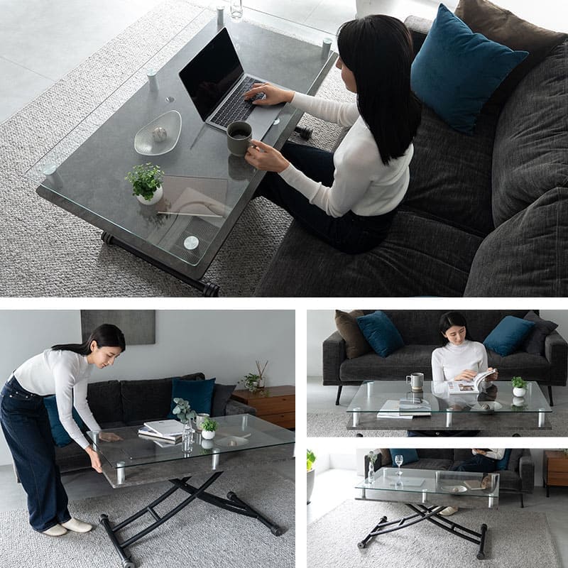 グラート Grato ガラストップ昇降テーブル 120×60 ストーングレー テーブル リビングテーブル ダイニングテーブル 高さ調整 モダン 幅120