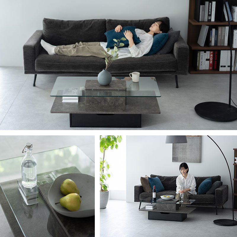 GREST グレスト 収納付きガラストップセンターテーブル 幅105cm 長方形 ストーン調 ローテーブル リビングテーブル ソファテーブル