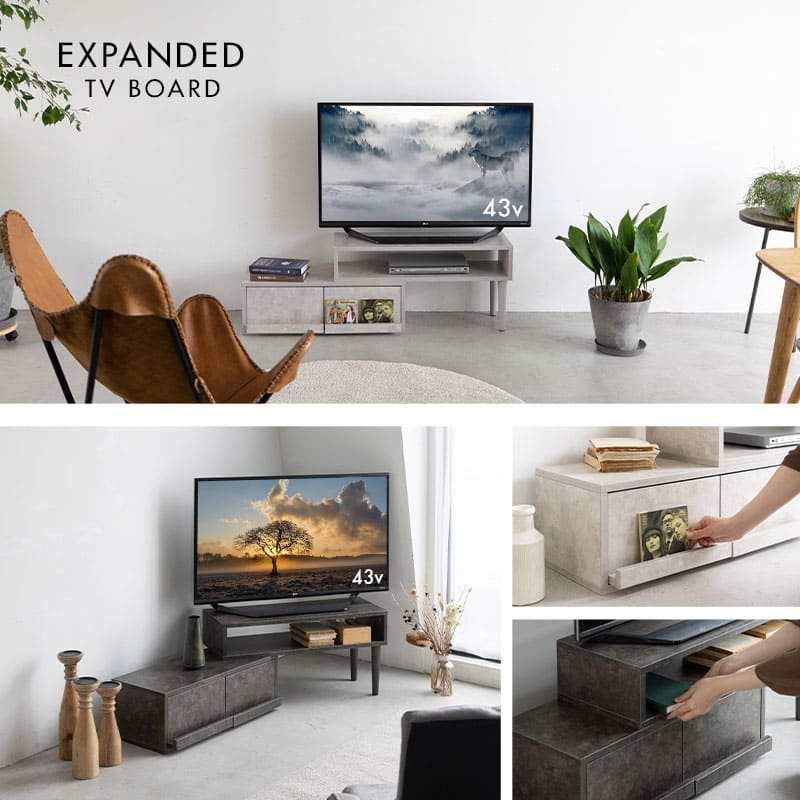 テレビボード テレビ台 幅80cm～151cm 24型～43型対応 横幅伸縮式 変形 セラミック調 ローボード 収納棚 ディスプレイ ロータイプ 引き出し収納 TV台
