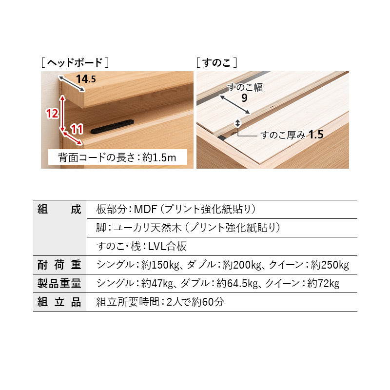 スタンダードベッド ORVA キャビネット オープンフレーム 3段階高さ調節可能 LED照明付き コンセント付き ベッドフレーム すのこ スノコ 調湿 高通気 湿気対策 カビ対策 シングル ダブル クイーン