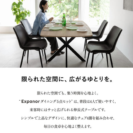 ダイニング5点セット ダイニングセット 幅160-200cm 伸長式 長方形 4人掛け 拡張機能付きテーブル レザー調チェア 食卓用 木目調 合成皮革 リビング ダイニング