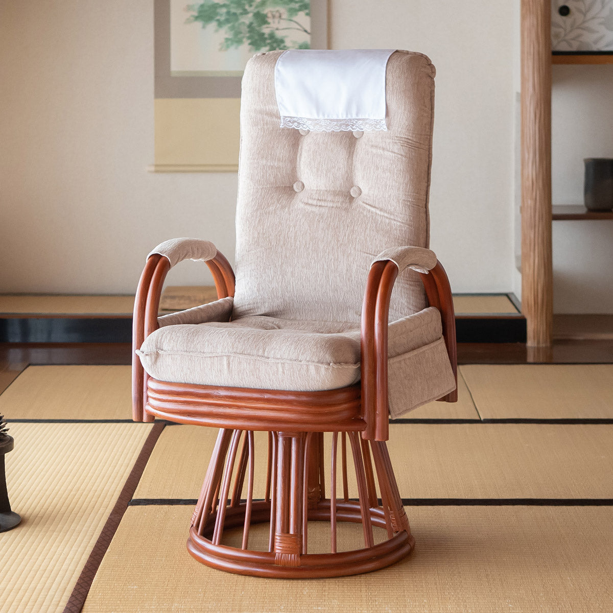 回転高座椅子 ラタン 籐 完成品 リクライニング 座面高48cm ハイ