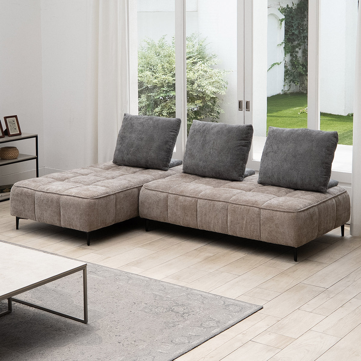 大幅値下げ　ソファ　ブラウン　クッション3個付き　3人掛け　2人掛け　ローソファ ソファ カウチ 3人掛け フロア ロー ファブリック 低め 2P 3P 二