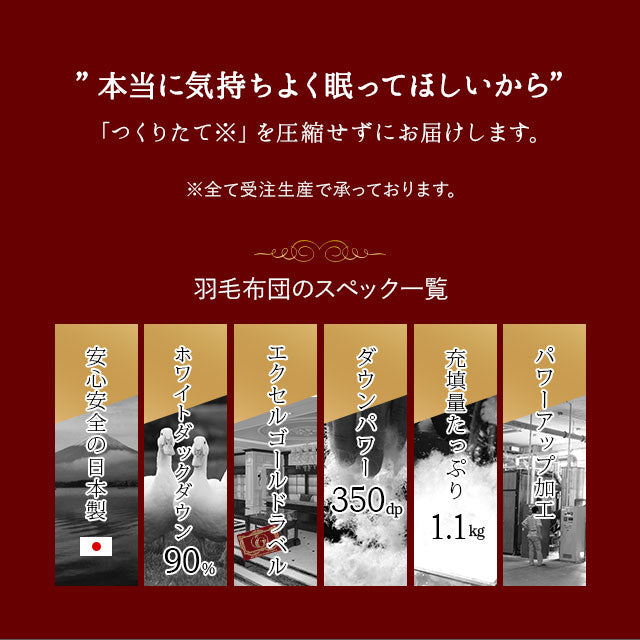 羽毛布団 スーパーロングシングル 日本製 エクセルゴールドラベル フランス産ホワイトダックダウン90％ 非圧縮 新合繊生地使用 軽量 収納ケース付き ループ付き