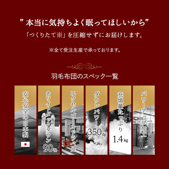 羽毛布団 スーパーロングダブル 日本製 エクセルゴールドラベル フランス産ホワイトダックダウン90％ 非圧縮 新合繊生地使用 軽量 収納ケース付き ループ付き