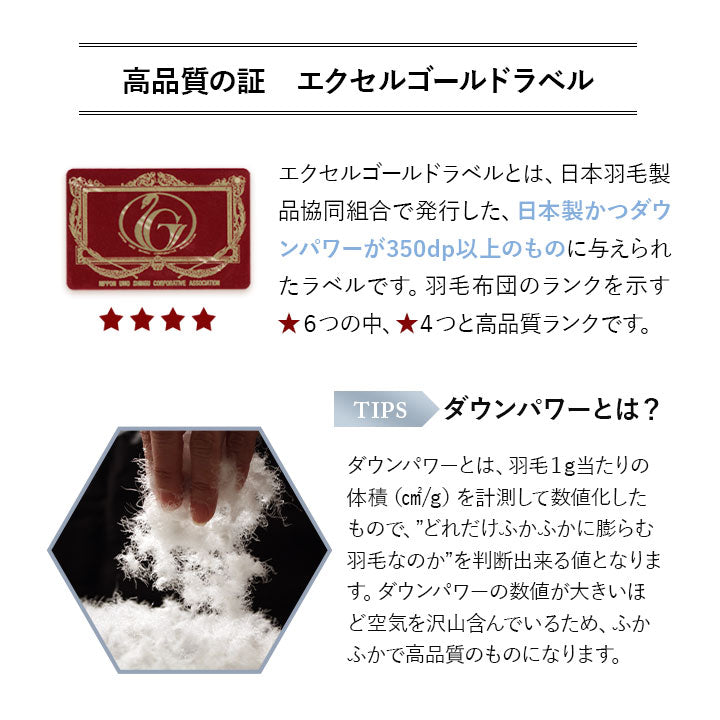 羽毛肌掛け布団 シングル 日本製 エクセルゴールドラベル ダウンケット 羽毛布団 フランス産ホワイトダックダウン90％ 非圧縮 新合繊生地使用 軽量 収納ケース付き ループ付き