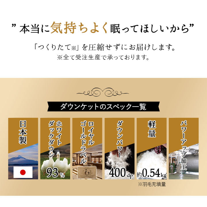 羽毛肌掛け布団 キング 日本製 ロイヤルゴールドラベル ダウンケット ポーランド産ホワイトダックダウン93％ 非圧縮 ループ付き 収納ケース付き