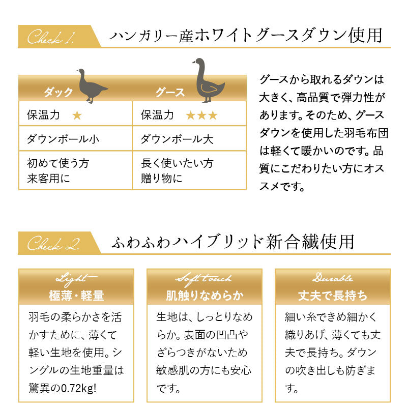 羽毛布団 セミダブル 日本製 ロイヤルゴールドラベル ハンガリー産ホワイトグースダウン93％ 非圧縮 ハイブリッド新合繊生地使用 軽量 収納ケース付き ループ付き