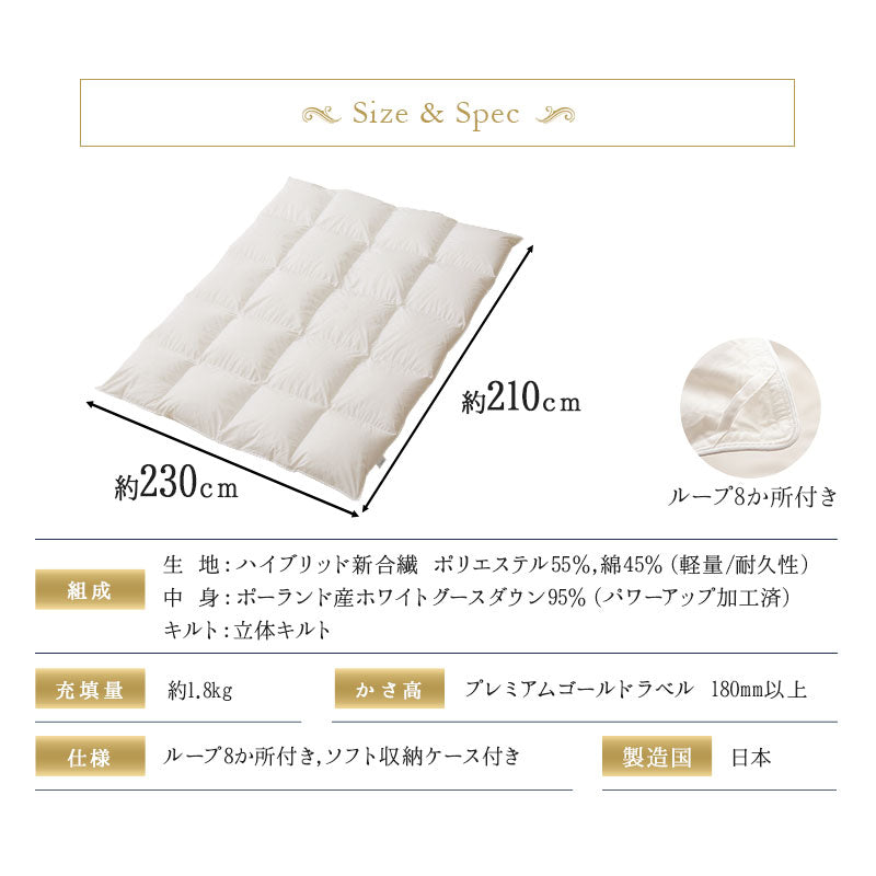 日本製 プレミアムゴールドラベル 羽毛布団 キング 非圧縮