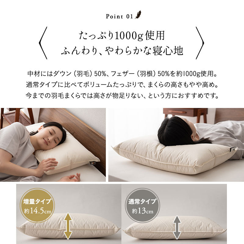 ダウンピロー 羽毛枕 高めタイプ 増量 日本製 ホテル仕様 ダッグ あひる 羽毛 グース がちょう 羽根
