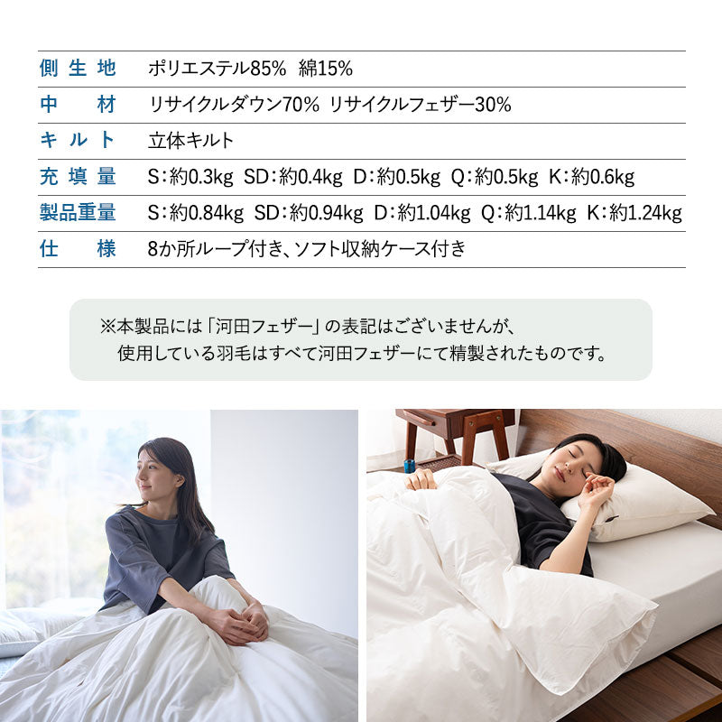 肌掛け布団 羽毛布団 リサイクル羽毛 再生羽毛 清潔 軽量 高品質 掛け布団 ダウンケット 収納ケース付き ループ付き 冷え エアコン 冷房 クーラー 春～秋 リサイクルダウン リサイクルフェザー 河田フェザー