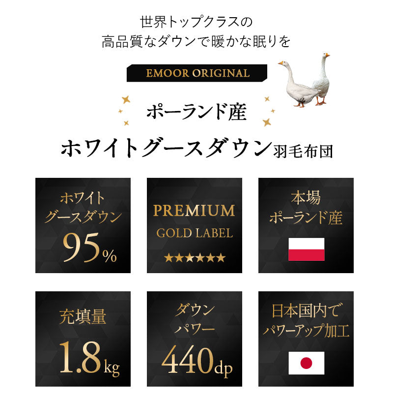 羽毛布団 キング 日本製 プレミアムゴールドラベル ポーランド産ホワイトグースダウン95％ 非圧縮 抗菌 防臭 収納ケース付き ループ付き