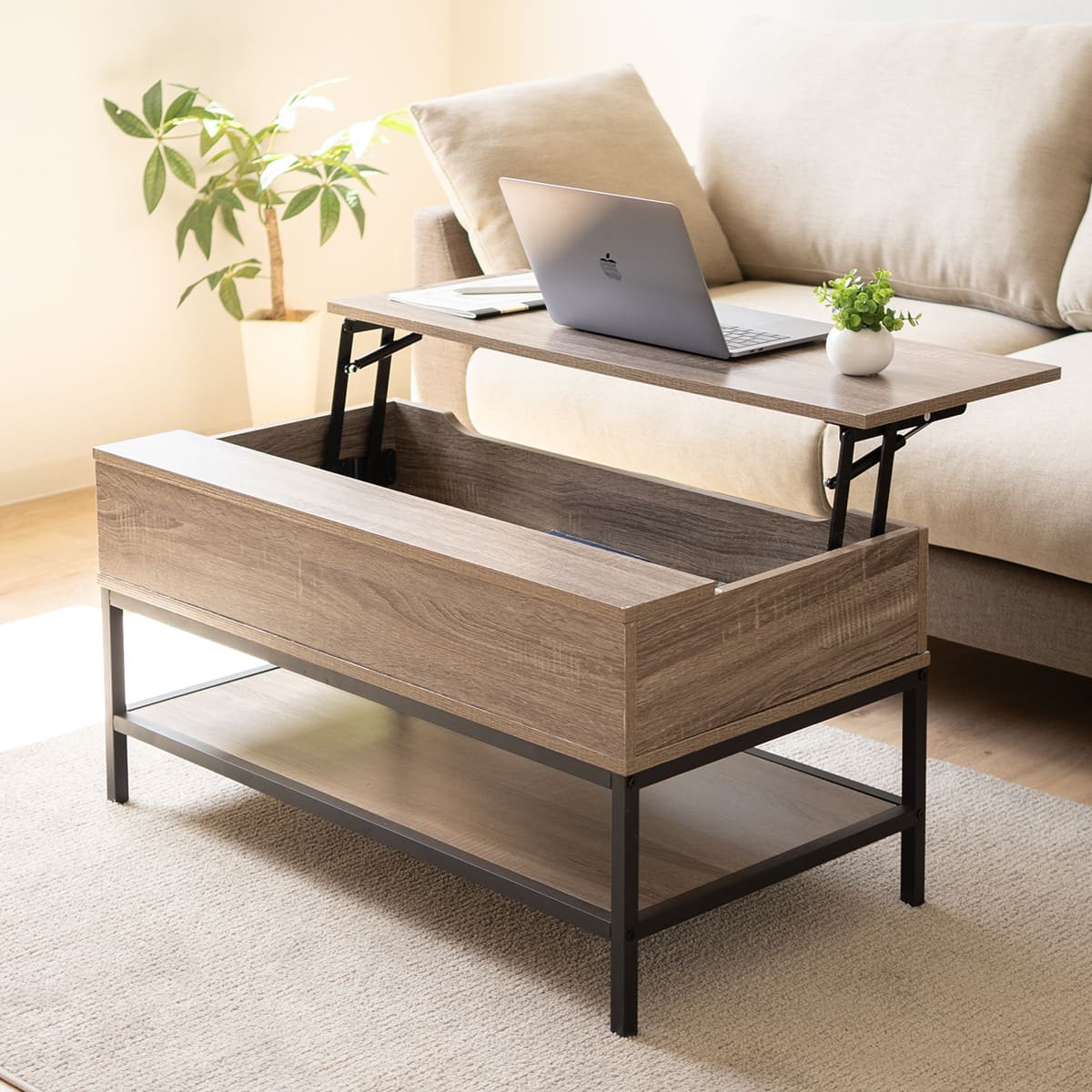 リフトアップテーブル 昇降式デスク 木製 幅90cm 収納機能付き