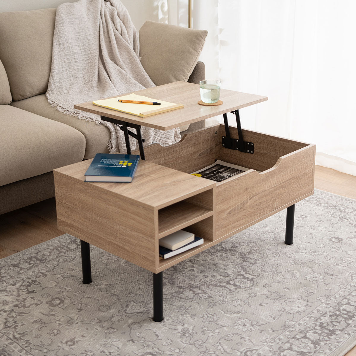 【組立済み】エムールリフトアップテーブル 昇降式 幅90 高さ調節 グレー リフトアップテーブル 昇降式デスク 棚付き 幅90cm 木製 収納 高