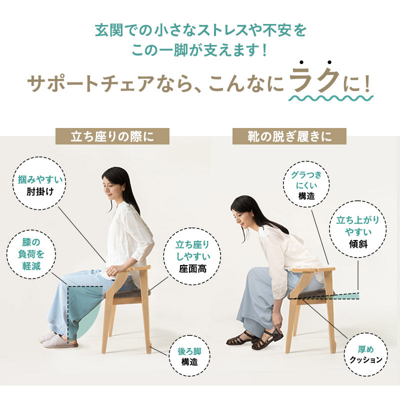 靴の脱ぎ履きがしやすい サポートチェア 完成品 玄関椅子 腰掛け スツール 肘付き 手すり 立ち上がりサポート グラつき防止 高齢者 介護 補助