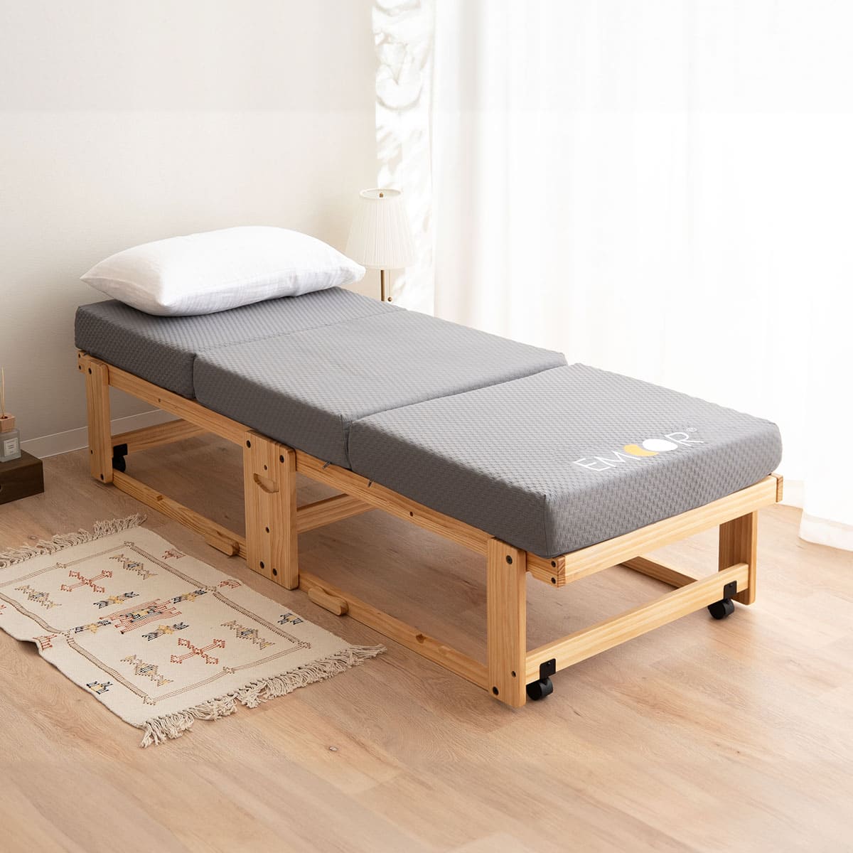 すのこベッド 3つ折りマットレス 2点セット 幅65cm コンパクトショートサイズ 完成品 横揺れ防止 安全ロック付き アシスト機能付き キャスター付き 折りたたみベッド ベッドフレーム コンパクトマットレス ごろ寝 子供用 狭小住宅 来客用 避難用