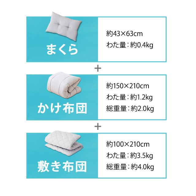 日本製 布団3点セット シングル （掛け布団・敷き布団・枕） 抗菌 防臭 防ダニ 掛け敷き枕 組布団 ゆる圧縮