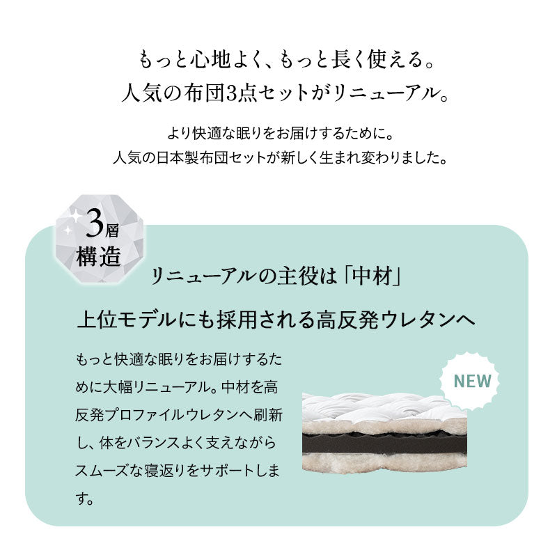 エムールの「ダニを通さない」日本製布団 3点セット シングル （掛け布団・敷き布団・枕） 抗菌 防臭 防ダニ 組布団 布団セット 掛け敷き枕 ウレタン入り