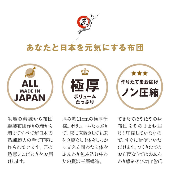 ◆まだ◆匠の極厚敷き布団 シングルサイズ 日本製 抗菌防臭 防ダニ