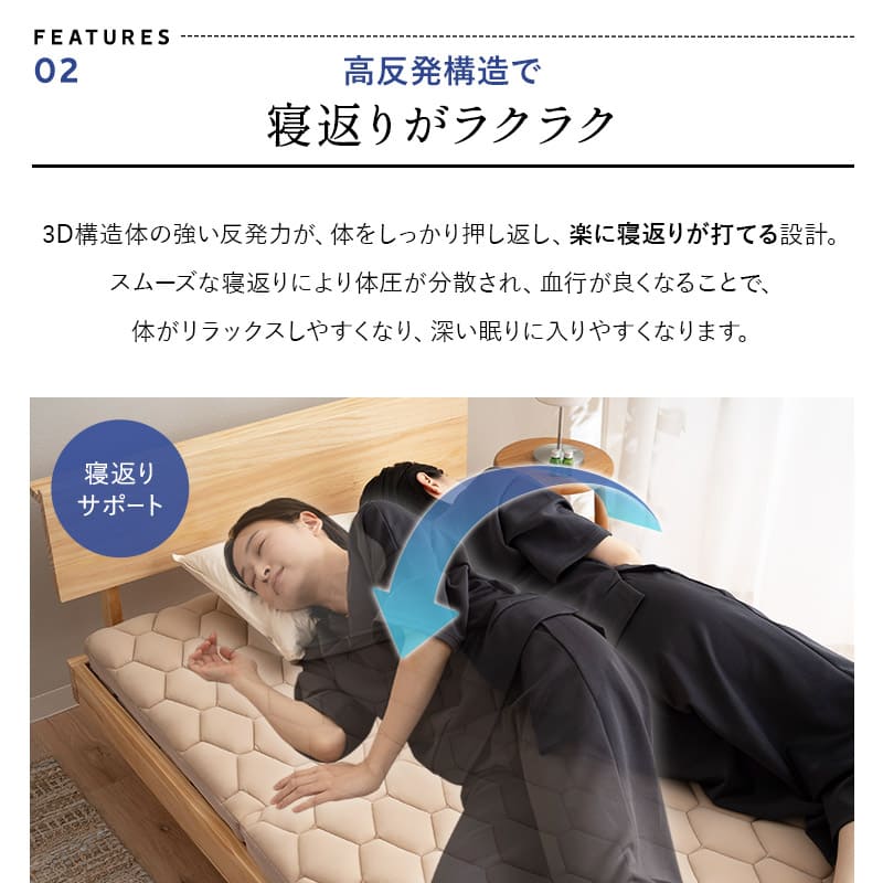 三つ折りマットレス シングル 3D構造体 高反発 ファイバー 丸洗い