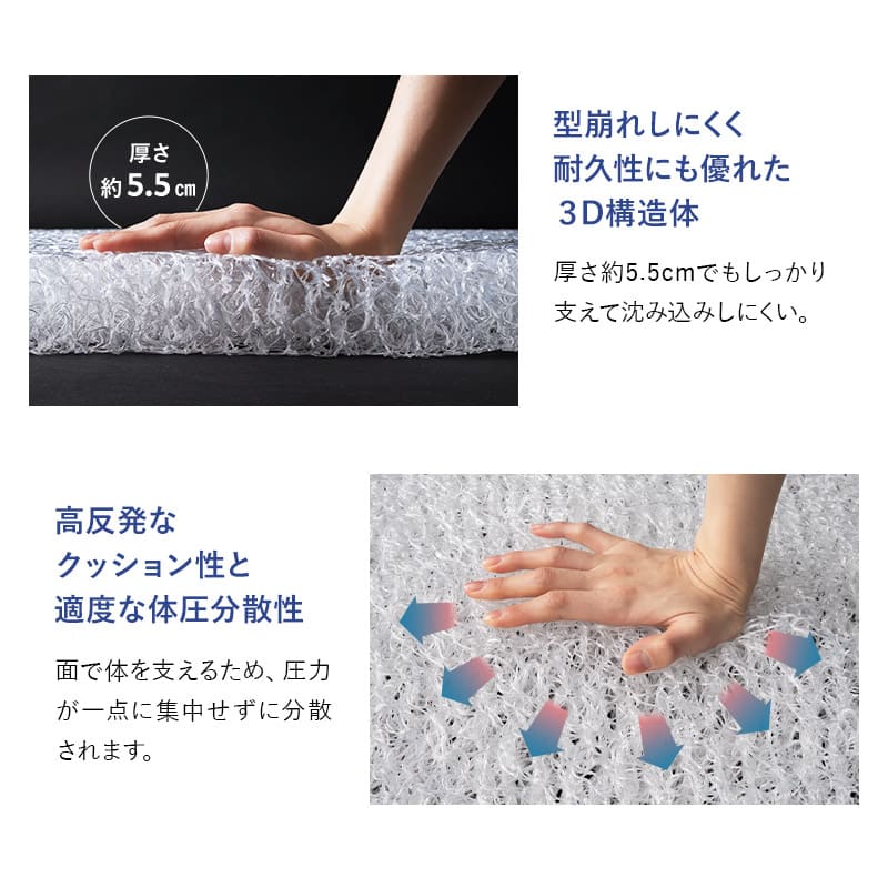 三つ折りマットレス シングル 3D構造体 高反発 ファイバー 丸洗い