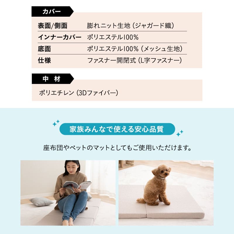 コンパクトマットレス 幅65cm ごろ寝 三つ折り 折りたたみ 高反発 3Dファイバー 丸洗い アンダーマットレス オーバーレイ トッパー 通気性抜群 昼寝 キャンプ 車中泊 防災対策 65×180cm