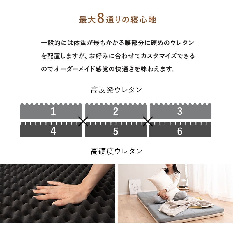 三つ折りマットレス 折りたたみマットレス 極厚 10cm 高反発 高硬度 ウレタン かため 2層構造 6分割設計 寝心地をカスタマイズ可能