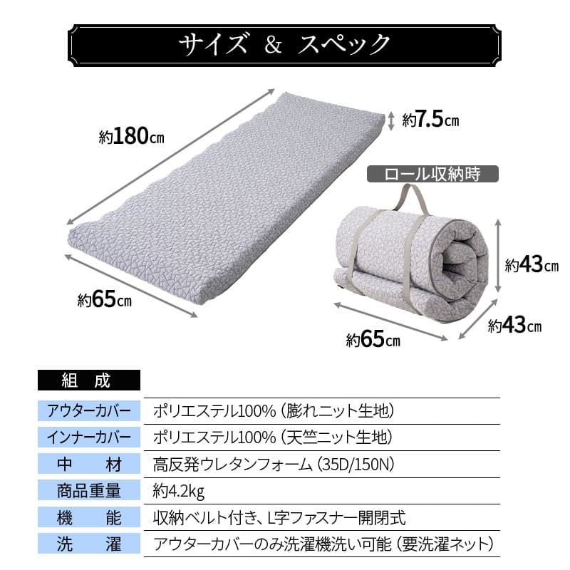 フィットネスマットレス ロールマットレス コンパクトショートサイズ 65×180cm コンパクトマットレス ごろ寝マットレス 高反発ウレタン 折りたたみ アウトドア 車中泊