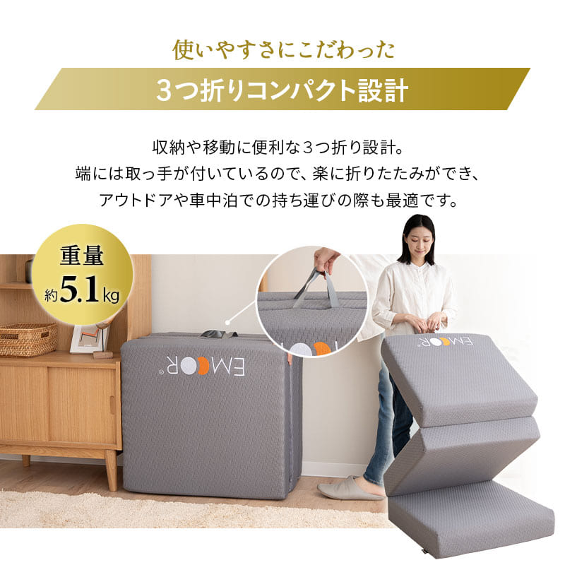 グランドマットレス コンパクトショートサイズ 三つ折り 折りたたみ コンパクト 約65×180 極厚 厚さ12cm