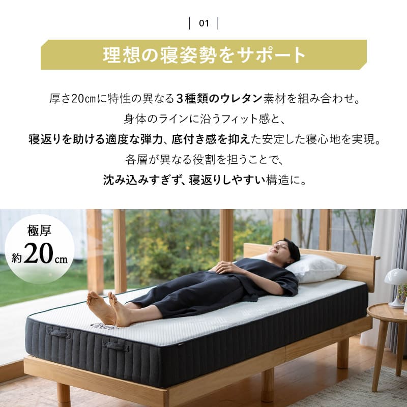 ミレニアム ノンコイルマットレス シングル 極厚 厚み20cm 厚め 寝具 マット millennium ウレタン 3層構造 寝返り 高反発 高密度 軽量 滑り止め加工 メッシュインナー ホワイト 白