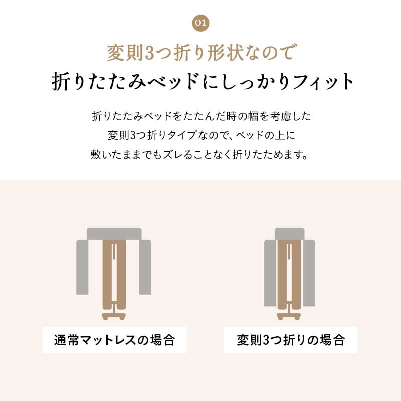 敷いたまま折りたためる 折りたたみベッド専用 マットレス 65×180cm コンパクトショートサイズ 2層構造 極厚 滑り止め加工 変則3つ折り形状